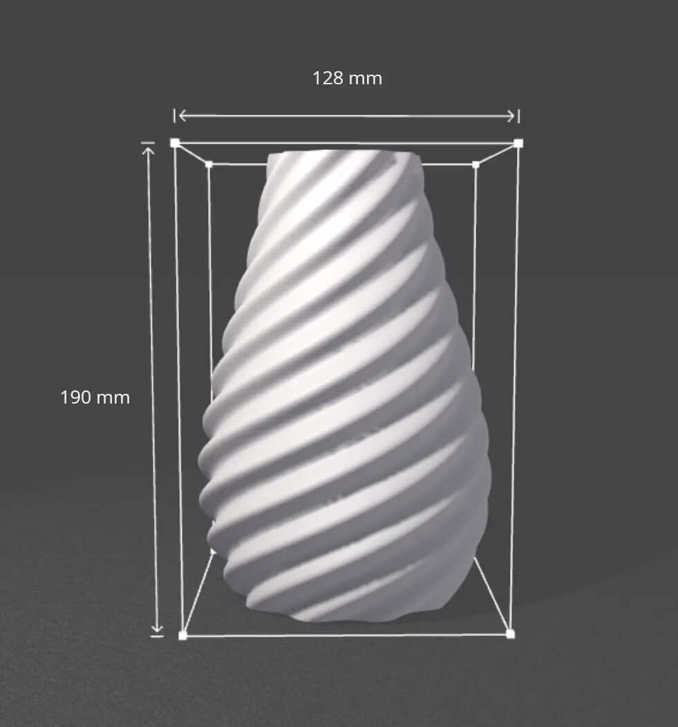 Vue 3D du vase torsadé 19 cm avec dimensions exactes (190 mm x 128 mm). Élégant et moderne pour tout type d’intérieur