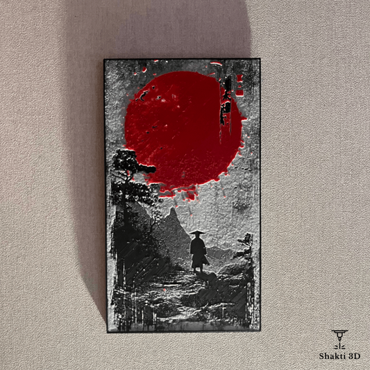 Tableau japonais en relief avec samouraï et soleil rouge. Décoration murale zen et épurée, idéale pour ambiance japonaise, arts martiaux et esprit bushido