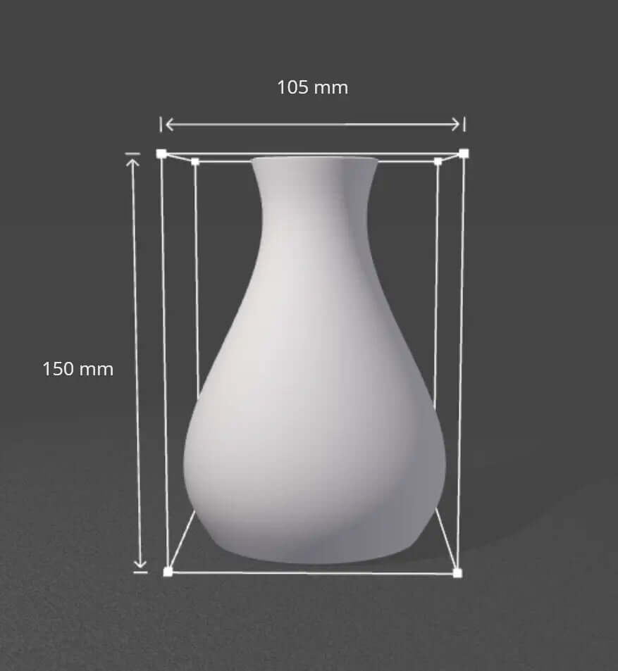 Vue 3D du vase design arrondi, hauteur 19 cm, avec dimensions exactes (190 mm x 133 mm). Élégance et modernité pour tout type d’intérieur.